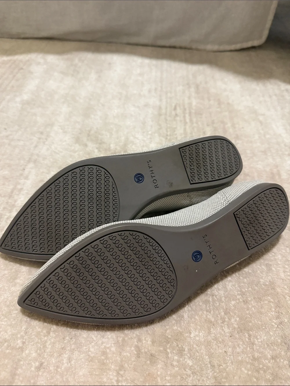 Rothy's Pointed Slip-On Flats in Light Gray with Blue Trim